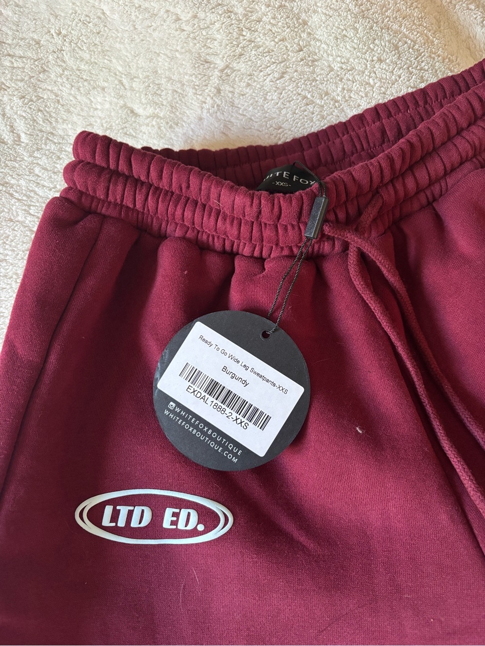 BRAND NEW WITH TAG white fox burgundy wide leg sweatpants